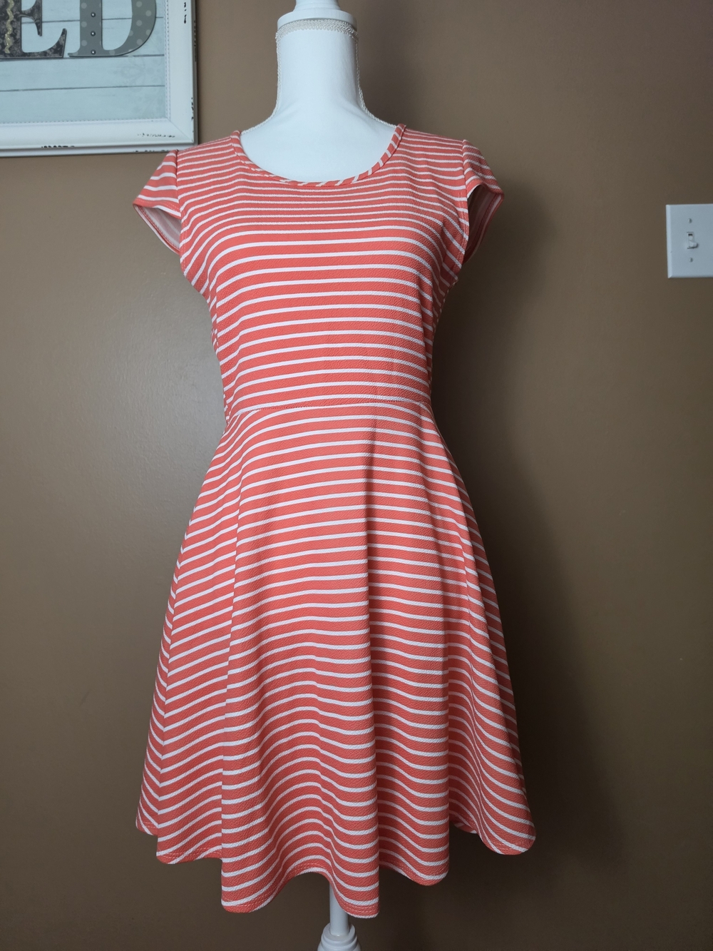 Pinc Coral and White Striped Fit & Flare Dress